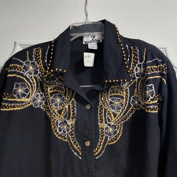 Club Z Denim Long Sleeve Button Down Embroidered Beaded Denim Blouse  NWT - Picture 2 of 6